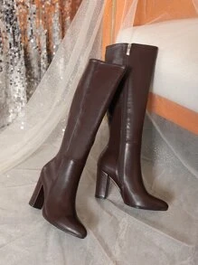 黑色粗跟过膝靴，牛仔靴，女士高跟厚底靴，完美搭配连帽衫/毛衣，冬靴，搭配连帽衫，棕色靴子 - 咖啡棕 - 查看 7