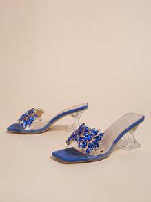 Strass Dekor, transparent Band skulpturaler Absätze, Mule Sandalen, Blau Party Kristall Detail, Einfarbig Pantoffeln Heels