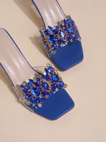 Strass Dekor, transparent Band skulpturaler Absätze, Mule Sandalen, Blau Party Kristall Detail, Einfarbig Pantoffeln Heels