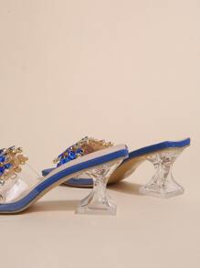 Strass Dekor, transparent Band skulpturaler Absätze, Mule Sandalen, Blau Party Kristall Detail, Einfarbig Pantoffeln Heels