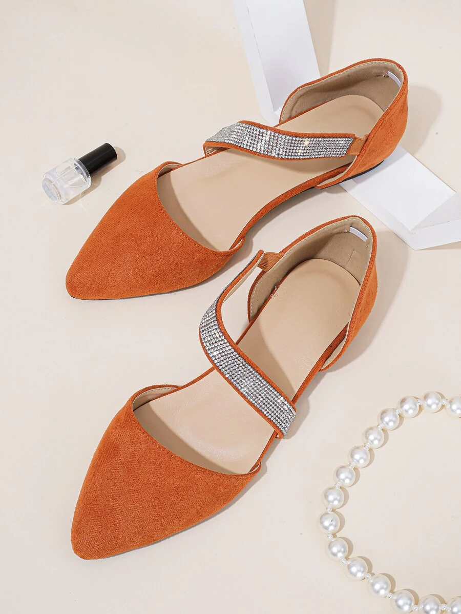 Rhinestone Decor Point Toe Faux Suede Ballet Flats - Orange - View 1