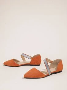 Rhinestone Decor Point Toe Faux Suede Ballet Flats - Orange - View 2