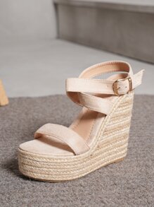 时尚舒适百搭绳状坡跟天鹅绒女士凉鞋 - 杏色 - 查看 3