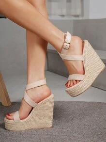 时尚舒适百搭绳状坡跟天鹅绒女士凉鞋 - 杏色 - 查看 4