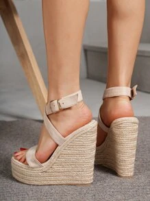 时尚舒适百搭绳状坡跟天鹅绒女士凉鞋 - 杏色 - 查看 5