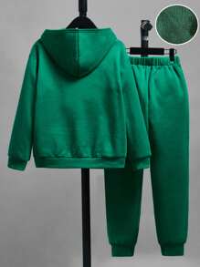 SHEIN Boys Letter Graphic Drop Shoulder Teddy Lined Hoodie & Joggers - Green - View 2