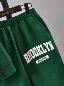 SHEIN 青少年男孩字母圖形下垂肩連帽衫和短褲 - 墨綠色 - 查看 5