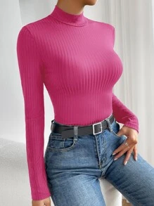 SHEIN Essnce Body de cuello alto tejido de canalé - Rosa Fucsia - Ver 5