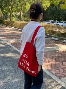 Shoulder Tender Pink Christmas Red Festival Gift Bag With Printed Text, Canvas Tote Shopping Bag School Bag, Large Capacity, Portable, Foldable, Lightweight, Suitable For Teen Girls Women College Students Literary School Bag For Teens, School Supplies, School Handbag, School Tote Bag, School Bookbag, Back To School Bags, Classic Casual, First Day Of School, Vacation - Red - View 3
