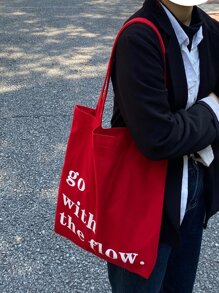 Shoulder Tender Pink Christmas Red Festival Gift Bag With Printed Text, Canvas Tote Shopping Bag School Bag, Large Capacity, Portable, Foldable, Lightweight, Suitable For Teen Girls Women College Students Literary School Bag For Teens, School Supplies, School Handbag, School Tote Bag, School Bookbag, Back To School Bags, Classic Casual, First Day Of School, Vacation - Red - View 4