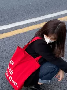 Shoulder Tender Pink Christmas Red Festival Gift Bag With Printed Text, Canvas Tote Shopping Bag School Bag, Large Capacity, Portable, Foldable, Lightweight, Suitable For Teen Girls Women College Students Literary School Bag For Teens, School Supplies, School Handbag, School Tote Bag, School Bookbag, Back To School Bags, Classic Casual, First Day Of School, Vacation - Red - View 5