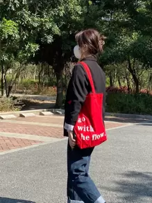 Shoulder Tender Pink Christmas Red Festival Gift Bag With Printed Text, Canvas Tote Shopping Bag School Bag, Large Capacity, Portable, Foldable, Lightweight, Suitable For Teen Girls Women College Students Literary School Bag For Teens, School Supplies, School Handbag, School Tote Bag, School Bookbag, Back To School Bags, Classic Casual, First Day Of School, Vacation - Red - View 6