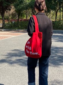 Shoulder Tender Pink Christmas Red Festival Gift Bag With Printed Text, Canvas Tote Shopping Bag School Bag, Large Capacity, Portable, Foldable, Lightweight, Suitable For Teen Girls Women College Students Literary School Bag For Teens, School Supplies, School Handbag, School Tote Bag, School Bookbag, Back To School Bags, Classic Casual, First Day Of School, Vacation - Red - View 7