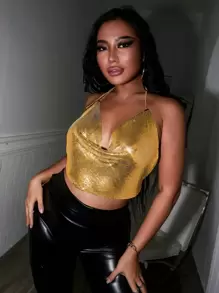 Allurite Áo hai dây Lộ Lưng Chuỗi Vắt màu trơn Buổi tiệc - Vàng - Xem 4