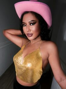 Allurite Áo hai dây Lộ Lưng Chuỗi Vắt màu trơn Buổi tiệc - Vàng - Xem 7