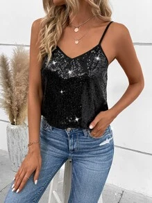 Zolique Sequin Insert Cami Top - Black - View 3