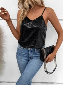 Zolique Sequin Insert Cami Top - Black - View 5