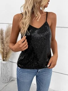 Zolique Sequin Insert Cami Top - Black - View 6