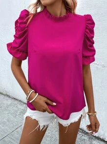 SHEIN Privé 小高領褶邊泡泡袖襯衫