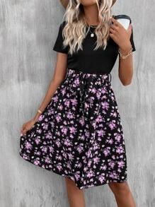 SHEIN LUNE Floral Print A-line Dress - Black - View 5