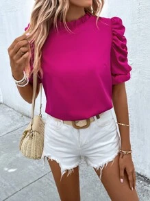 SHEIN Privé 小高領褶邊泡泡袖襯衫