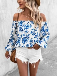 SHEIN VCAY Floral Print Off Shoulder Lantern Sleeve Blouse - Blue - View 1