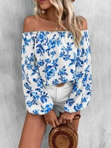 SHEIN VCAY Floral Print Off Shoulder Lantern Sleeve Blouse - Blue - View 4