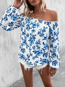 SHEIN VCAY Floral Print Off Shoulder Lantern Sleeve Blouse - Blue - View 5