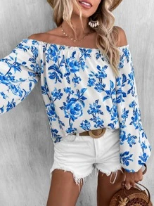 SHEIN VCAY Floral Print Off Shoulder Lantern Sleeve Blouse - Blue - View 7
