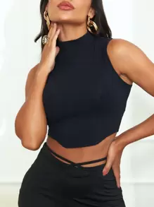 SHE(IN) BRASIL Mock Neck Crop Tank Top - Black - View 1