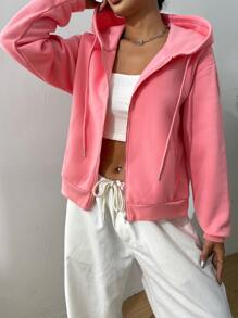 SHEIN EZwear Drop Shoulder Solid Zip Up Hoodie - Watermelon Pink - View 5