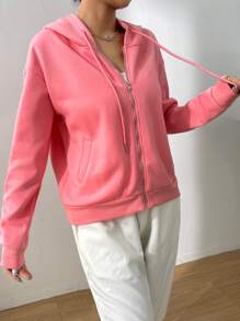 SHEIN EZwear Drop Shoulder Solid Zip Up Hoodie - Watermelon Pink - View 6