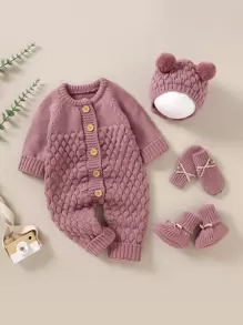 SHEIN Vintaside Kids Baby Girl Raglan Sleeve Knit Jumpsuit & Hat & Shoes & Gloves