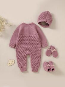 SHEIN Vintaside Kids Baby Girl Raglan Sleeve Knit Jumpsuit & Hat & Shoes & Gloves