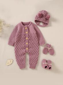SHEIN Vintaside Kids Baby Girl Raglan Sleeve Knit Jumpsuit & Hat & Shoes & Gloves