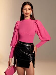 BizChic Mock Neck Leg-of-mutton Sleeve Tee
