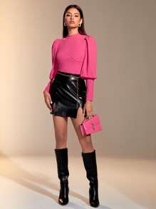 BizChic Mock Neck Leg-of-mutton Sleeve Tee