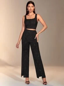 BizChic Square Neck Crop Tank Top & Split Hem Trousers - Black - View 1