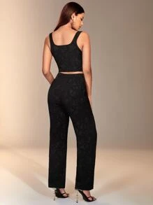 BizChic Square Neck Crop Tank Top & Split Hem Trousers - Black - View 2