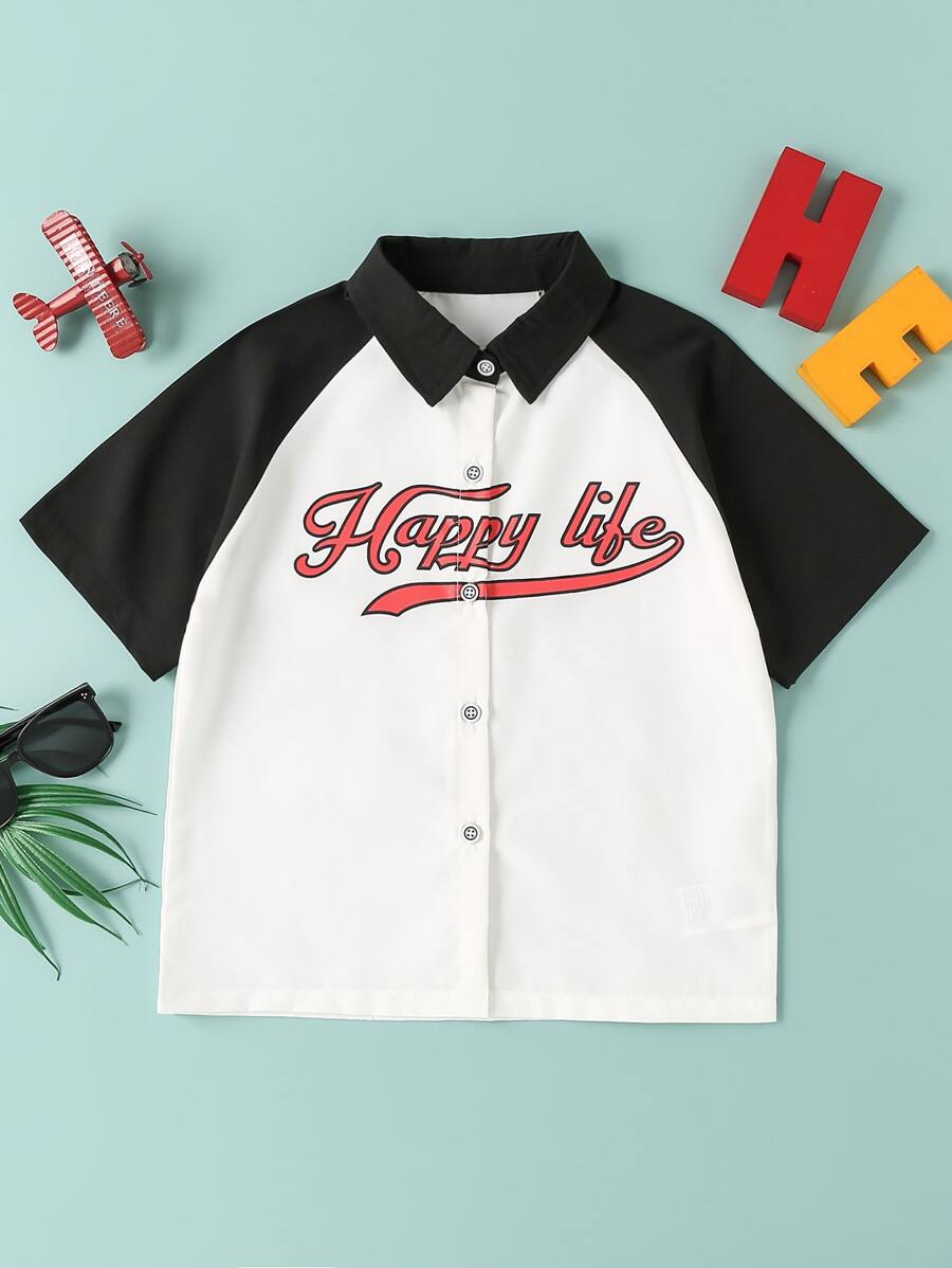 男孩字母圖案插肩袖襯衫