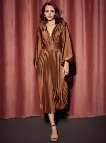 SHEIN Privé 燈籠袖百褶下擺連衣裙 - 鏽棕色 - 查看 1