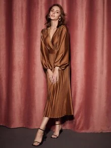 SHEIN Privé 燈籠袖百褶下擺連衣裙 - 鏽棕色 - 查看 3