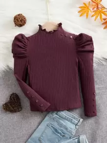 SHEIN 固色針織有扣細節的年輕女孩吉葛特袖上衣 - 紫紅色 - 查看 1