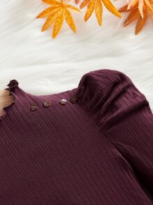 SHEIN 固色針織有扣細節的年輕女孩吉葛特袖上衣 - 紫紅色 - 查看 3
