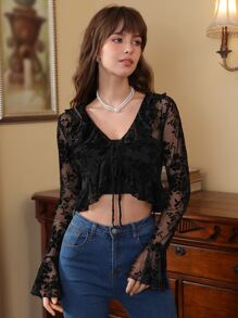 SHEIN MOD Floral Flocked Mesh Tie Front Top - Black - View 1