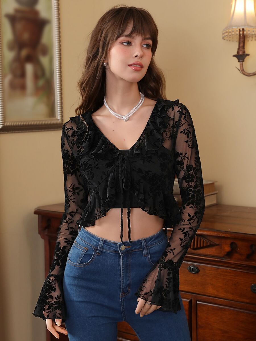 SHEIN MOD Floral Flocked Mesh Tie Front Top - Black - View 1