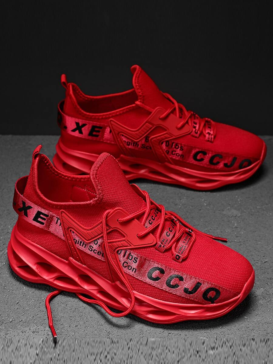 男士字母圖案前綁帶跑步鞋 - 紅色 - 查看 1
