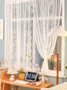 Floral Embroidered Scallop Trim Single Panel Sheer Curtain - White - View 1