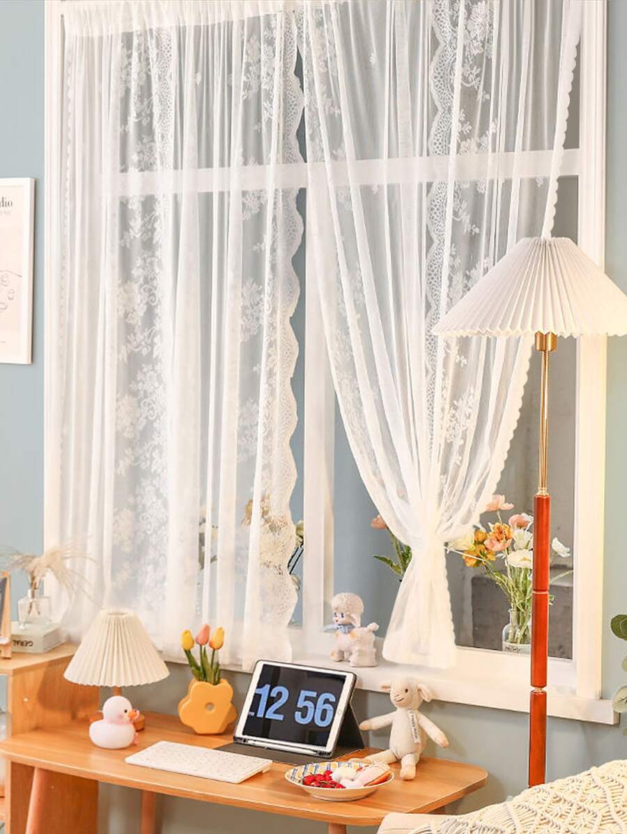 Floral Embroidered Scallop Trim Single Panel Sheer Curtain - White - View 1