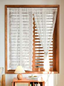 Floral Embroidered Scallop Trim Single Panel Sheer Curtain - White - View 2